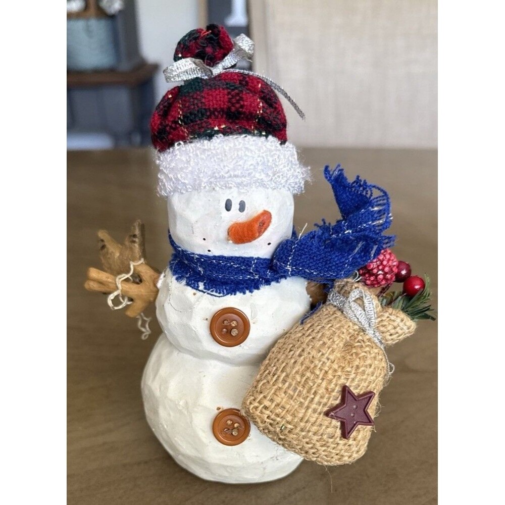 CHRISTMAS WINTER HOME DECOR 1 UNIQUE COLORFUL RESIN SNOWMAN WITH BURLAP SACK